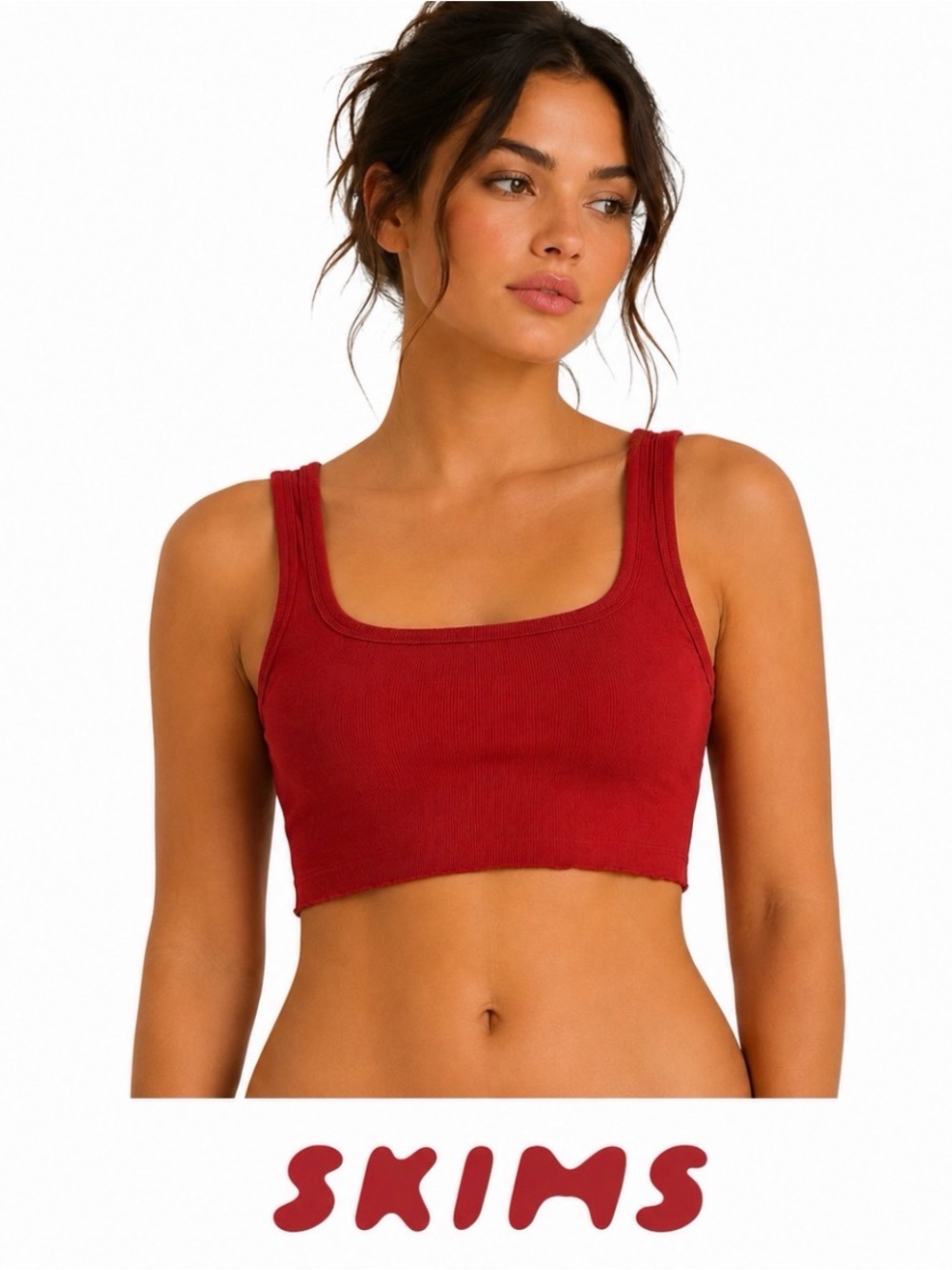 SKIMS Cotton Rib Cropped Tank Top Brick Red Small Built In Liner Altered Hem